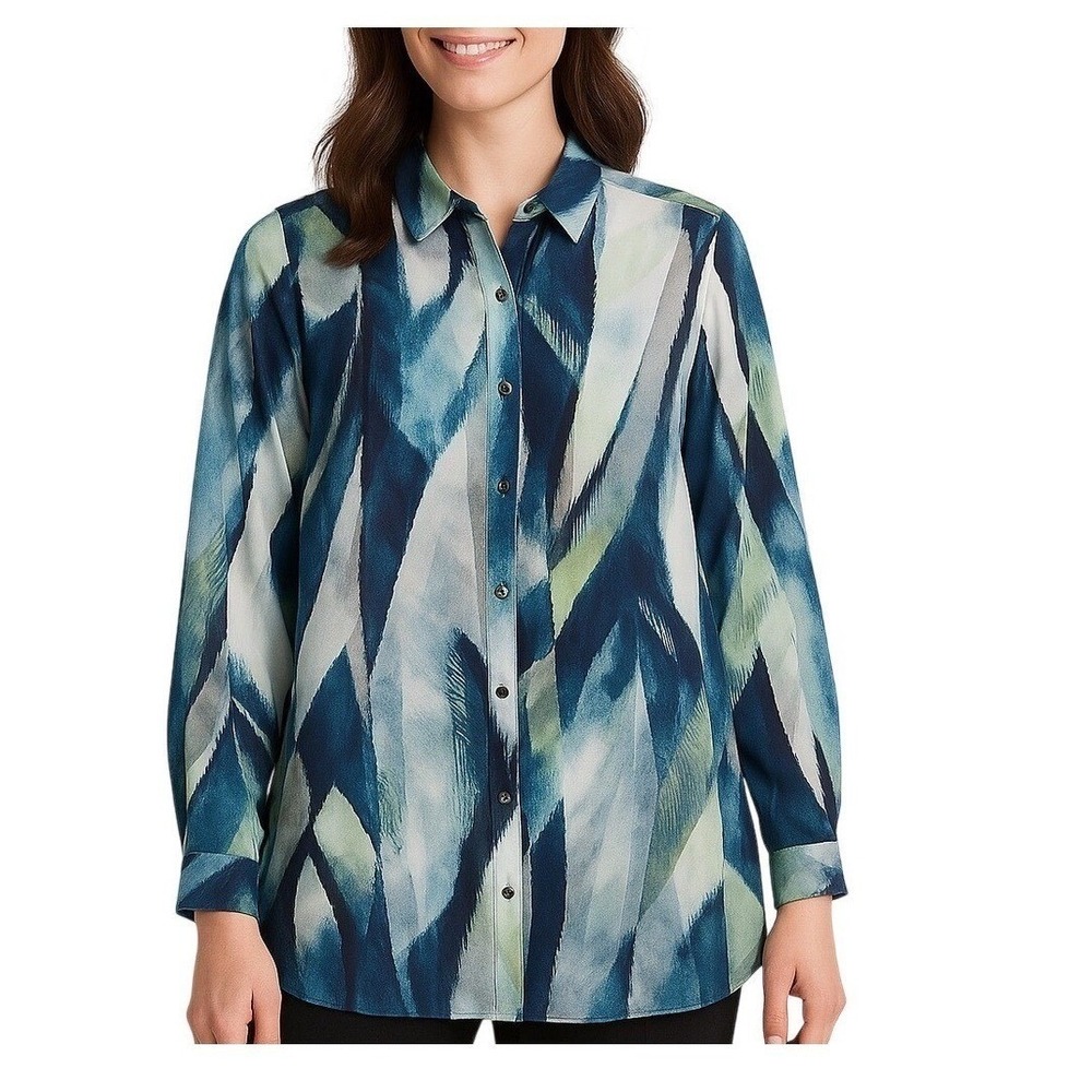 Chicos Size 3 Abstract Print Art to Wear Button Up Tunic Shirt Blue Green